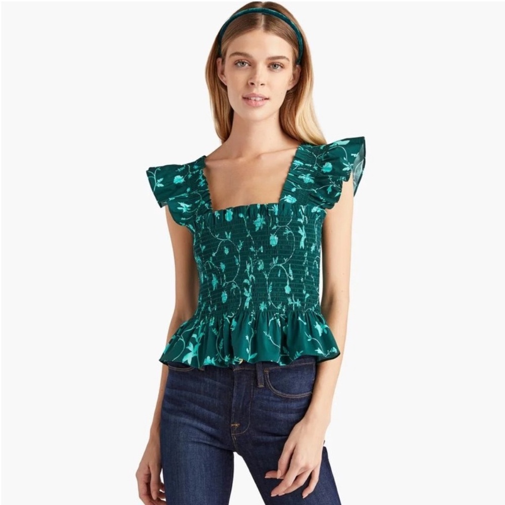 NWT Hill House Floral Green Smocked Women's Top | Sz S